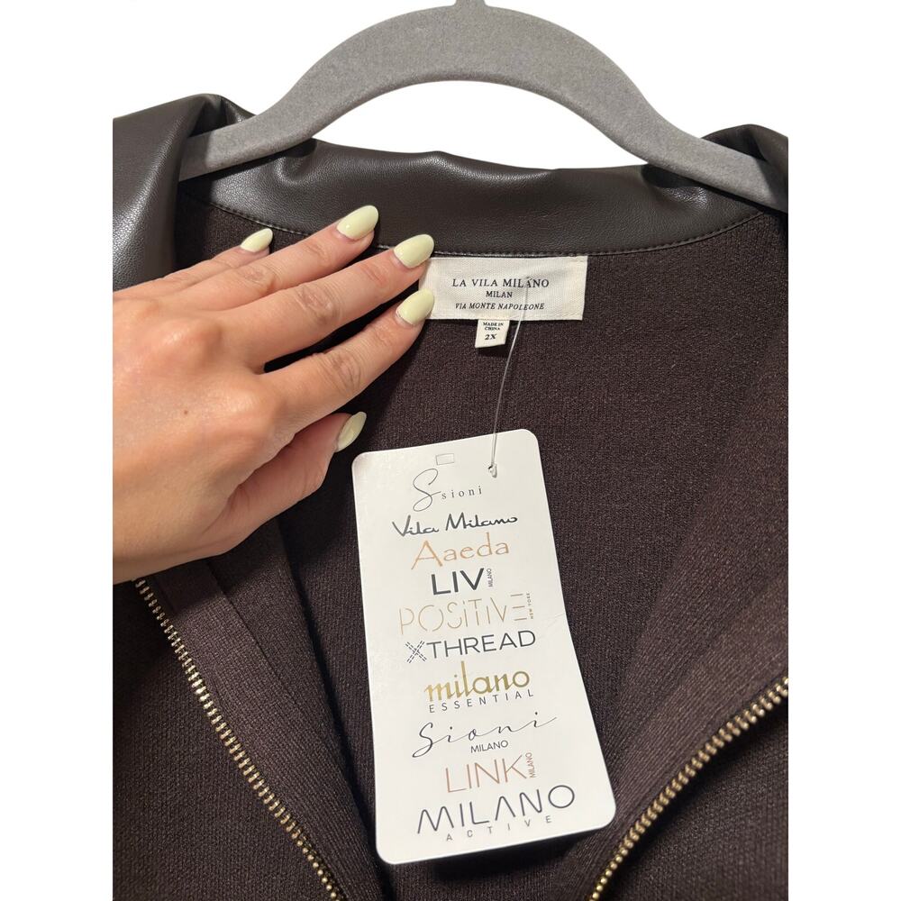 La Vila Milano Women’s Brown Zip Front Knit Cardigan Faux Leather Collar Size 2X - Picture 3 of 7